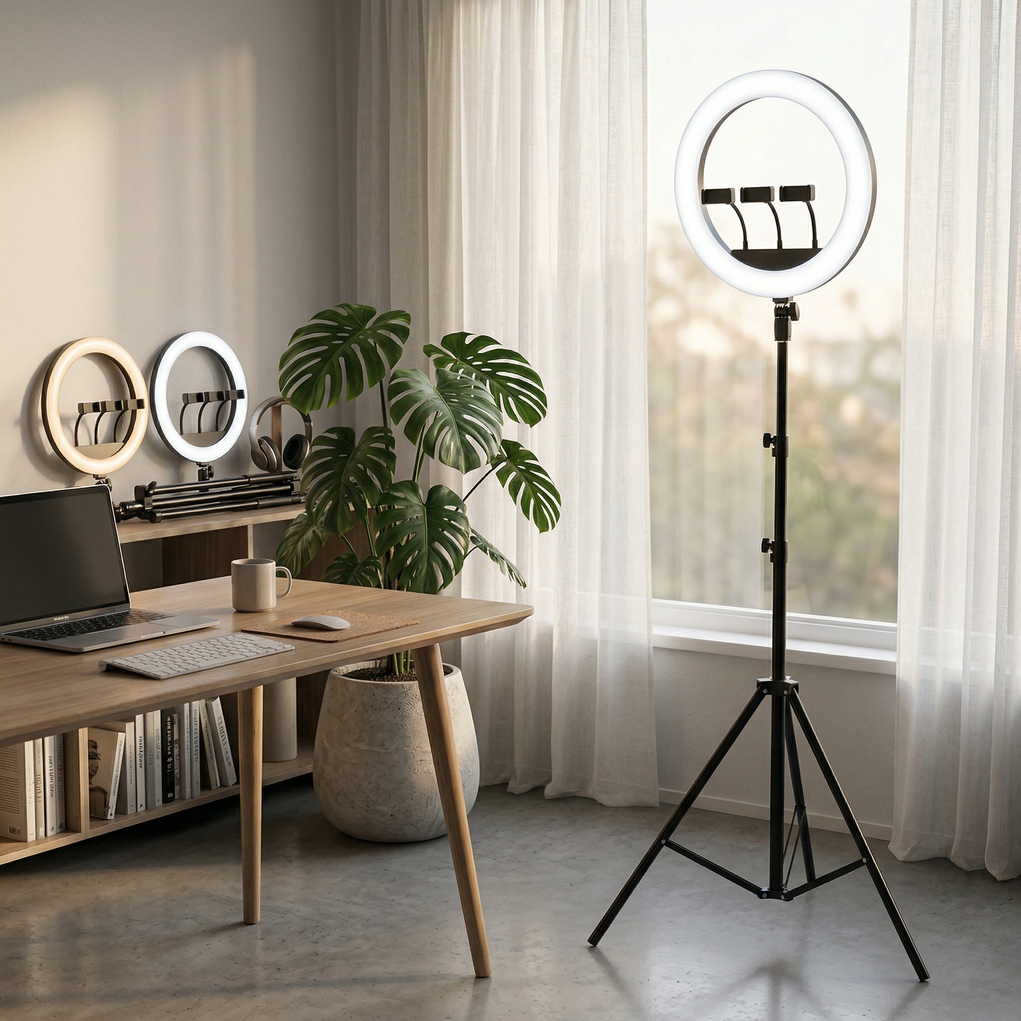Ring Light LED Profesional 56 cm (22 inch), 100W, Trepied 2m, Telecomandă și 3 Suporturi Telefon, Negru
