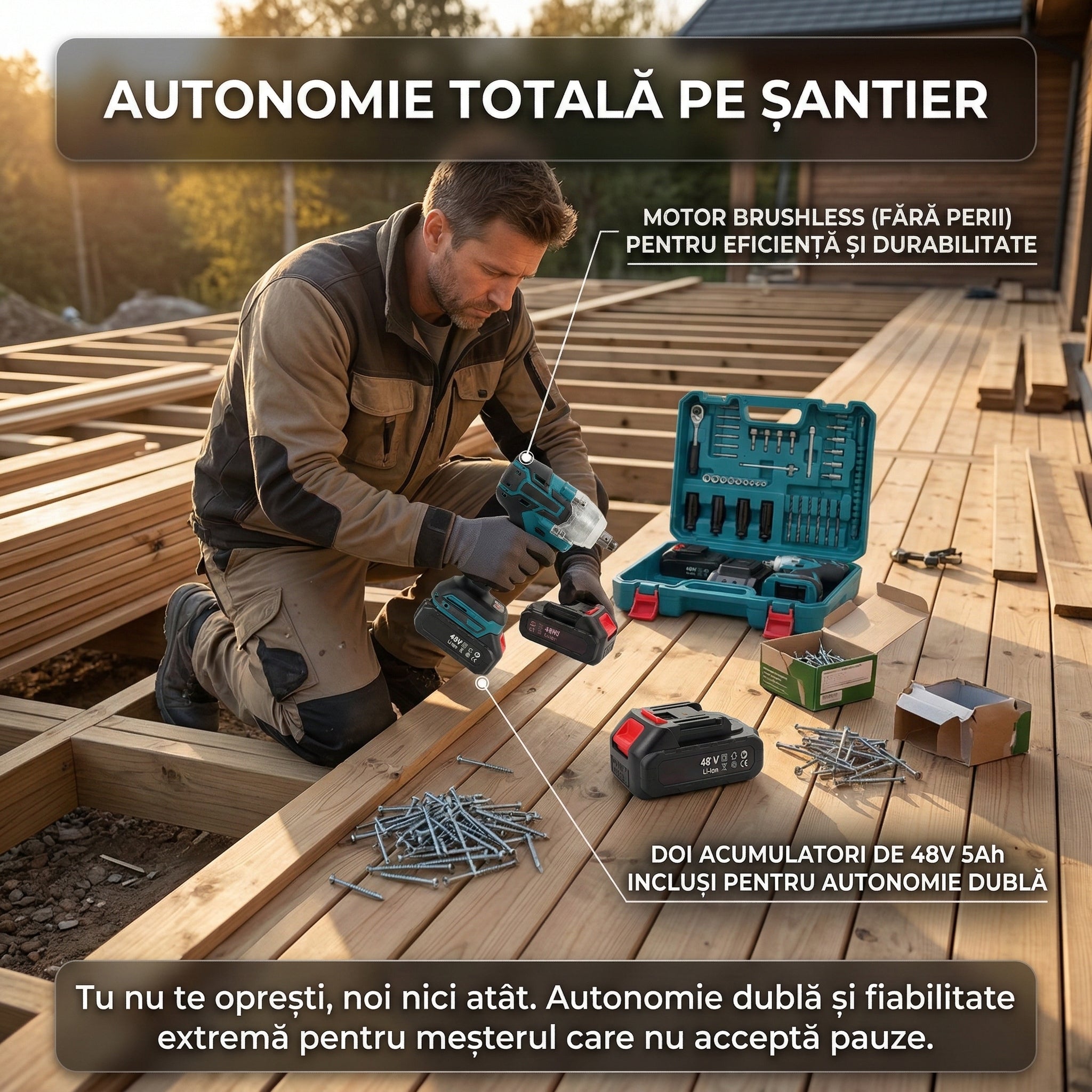 Trusă Mașină de Impact și Înșurubat 550Nm, 43 Accesorii Incluse, 2 Acumulatori 48V 5Ah Li-Ion, Motor Brushless, Valiză Transport