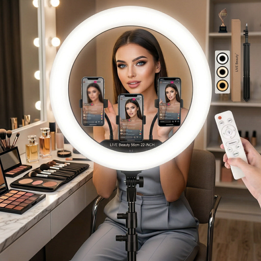 Ring Light LED Profesional 56 cm (22 inch), 100W, Trepied 2m, Telecomandă și 3 Suporturi Telefon, Negru