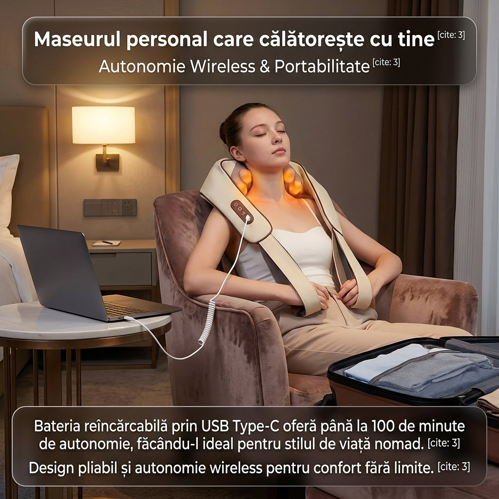 Aparat de Masaj Cervical 6D Profesional, Încălzire Constantă, 6 Capete Silicon, 3 Intensități, Silentios 45dB, Wireless