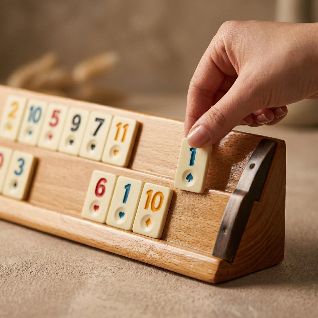 Joc Remi Rummy Kervan din Lemn Masiv, 104 Piese din Praf de Piatră, 4 Table de Joc Lăcuite, Premium
