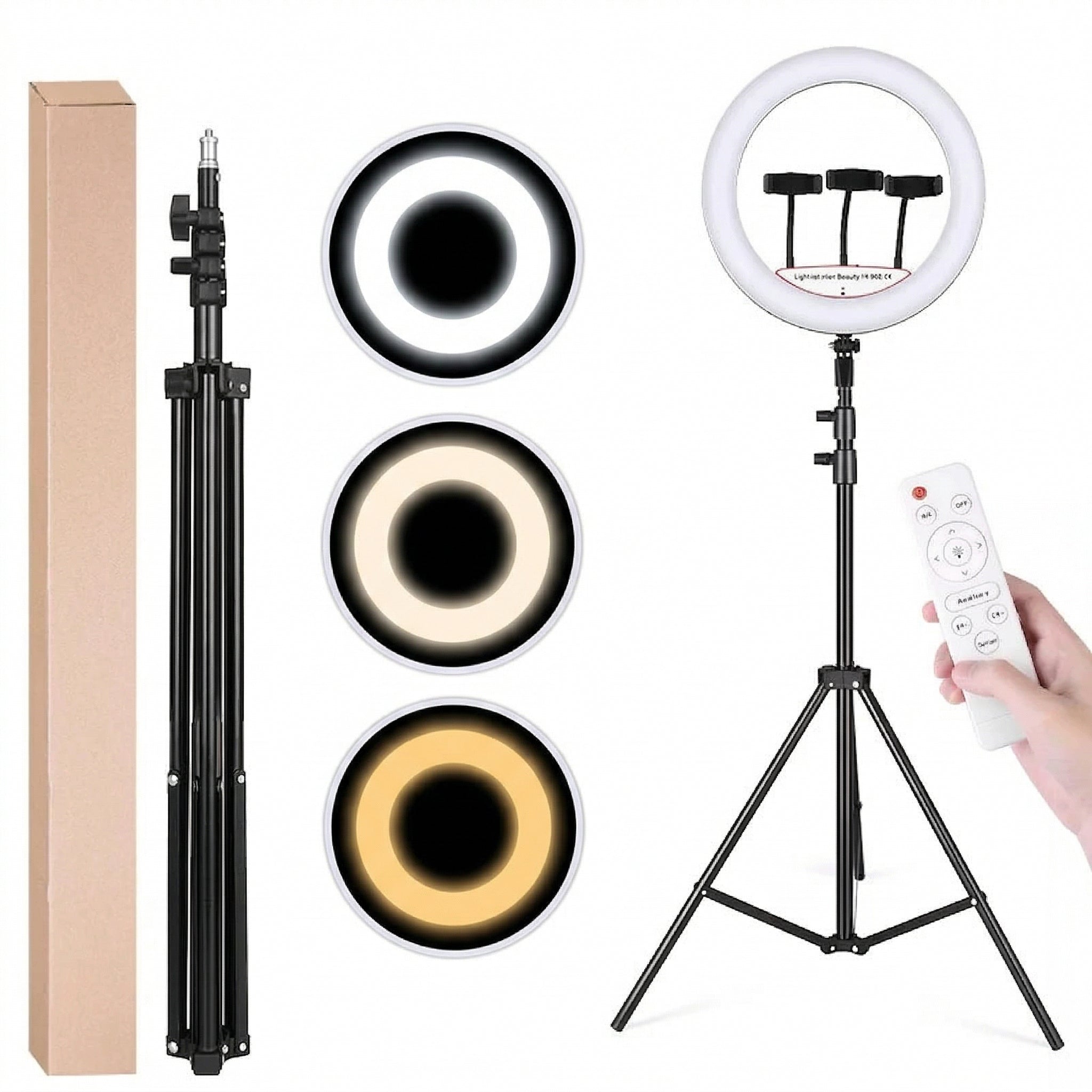 Ring Light LED Profesional 56 cm (22 inch), 100W, Trepied 2m, Telecomandă și 3 Suporturi Telefon, Negru