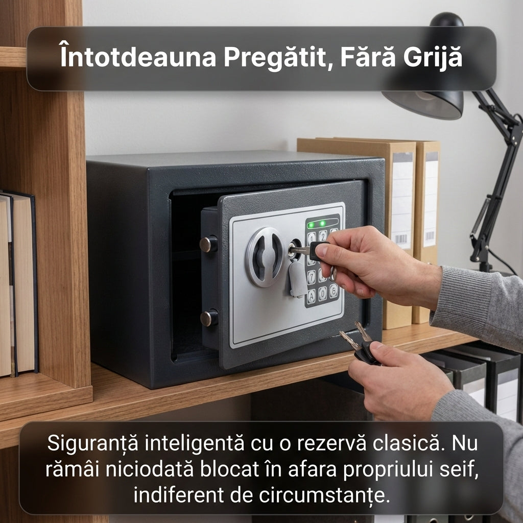 Seif Metalic Clarkson™ din Oțel cu Inchidere Electronica și Cheie, 23 x 17 x 17 cm