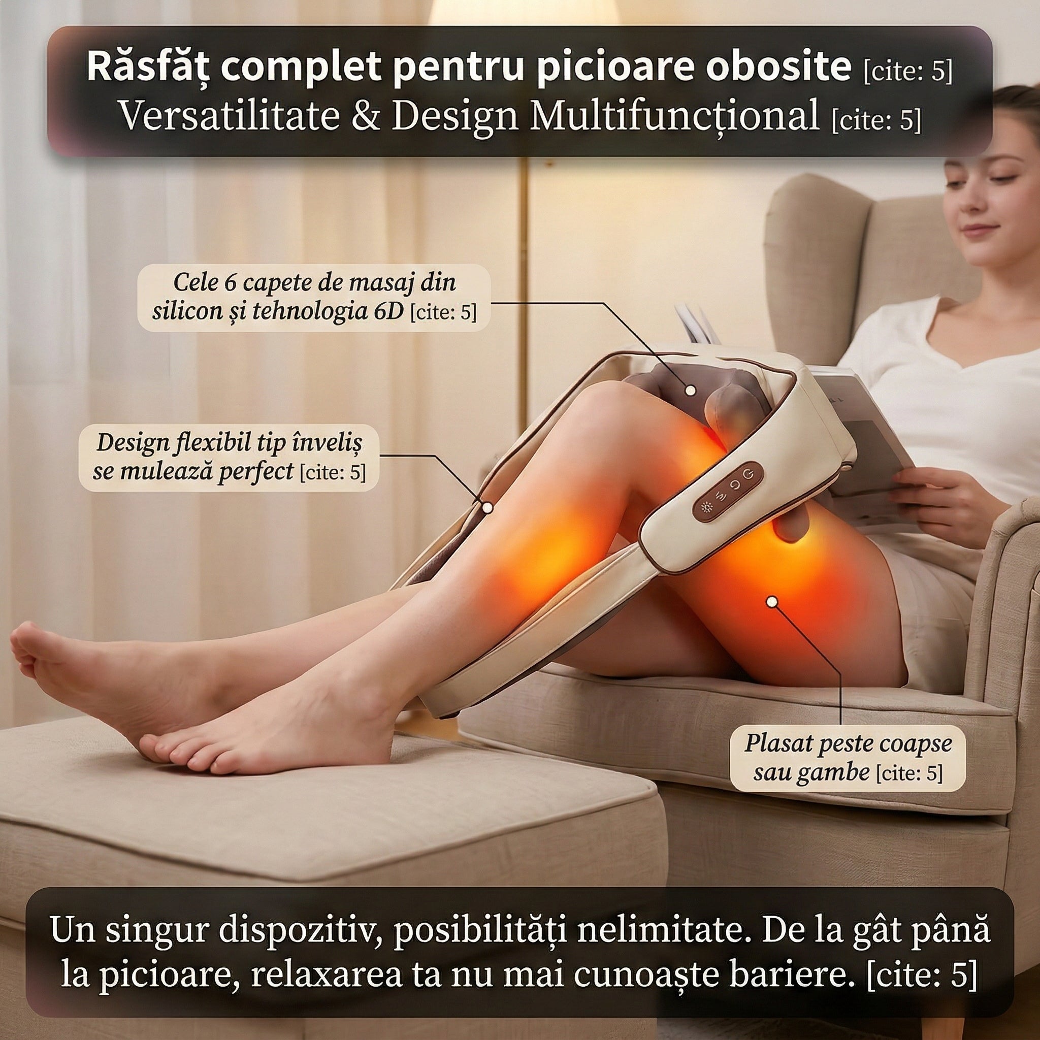 Aparat de Masaj Cervical 6D Profesional, Încălzire Constantă, 6 Capete Silicon, 3 Intensități, Silentios 45dB, Wireless