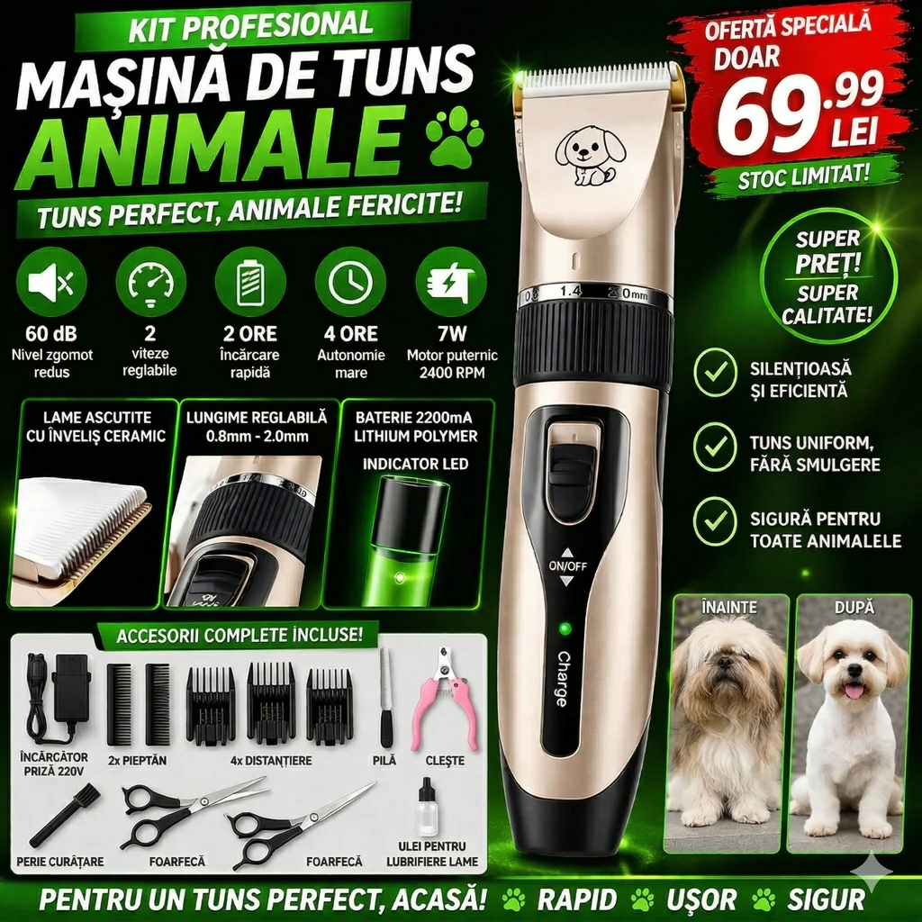 Set Pentru Ingrijirea Animalelor, Masina Profesionala De Tuns, Cu 4 Accesorii De Reglaj Si Cleste Pentru Unghii