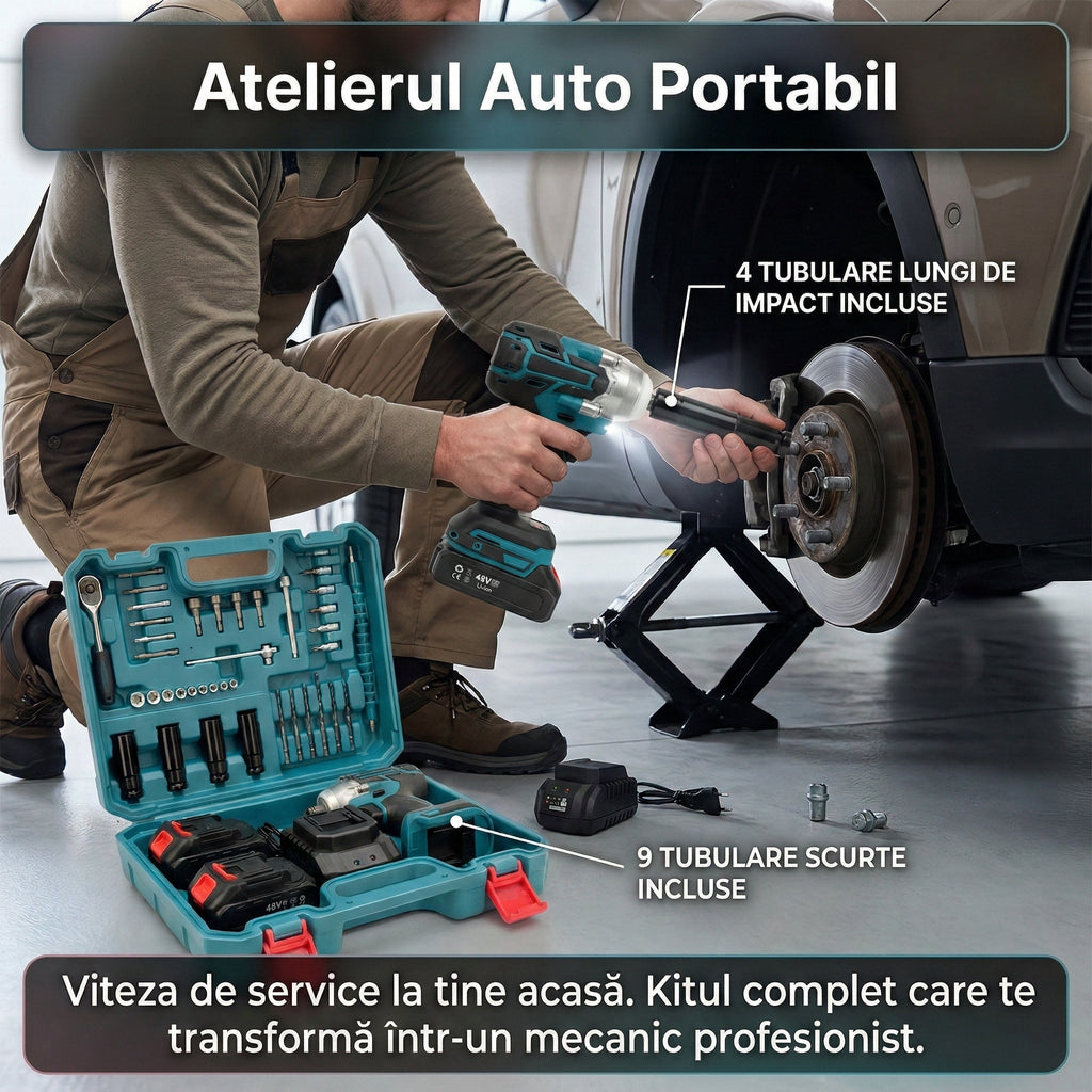 Trusă Mașină de Impact și Înșurubat 550Nm, 43 Accesorii Incluse, 2 Acumulatori 48V 5Ah Li-Ion, Motor Brushless, Valiză Transport