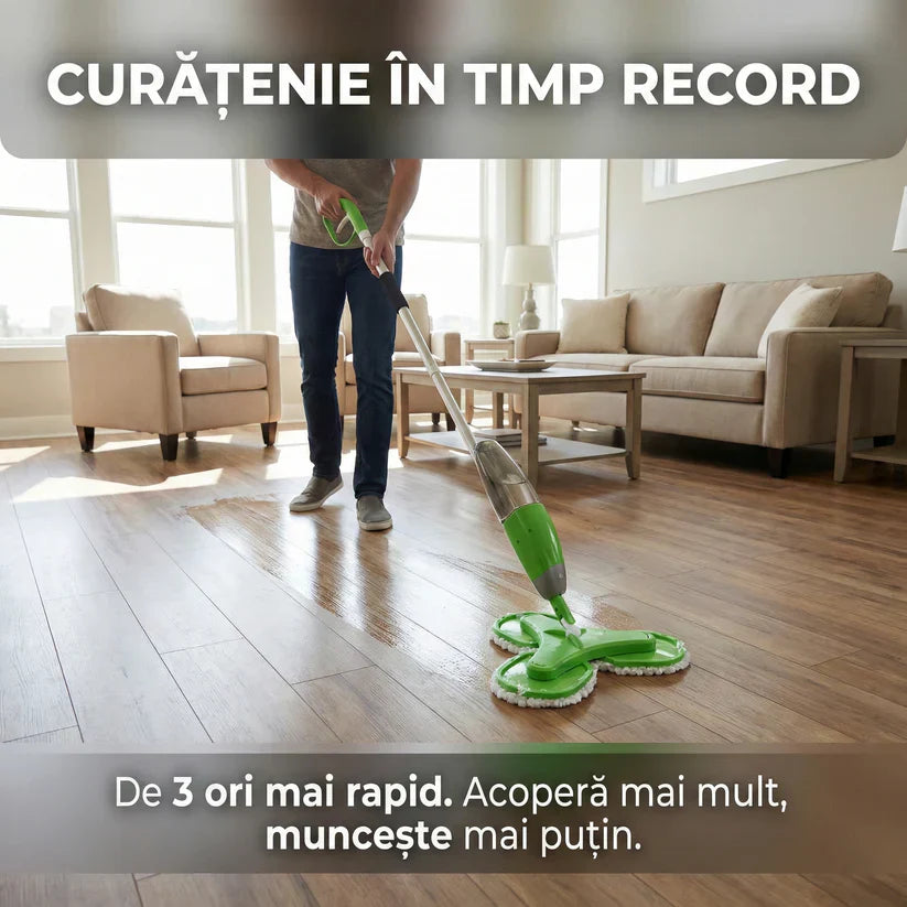 Mop Triplu cu Pulverizator și 3 Capete Rotative, Rezervor 600ml, 3 Lavete Microfibră Incluse