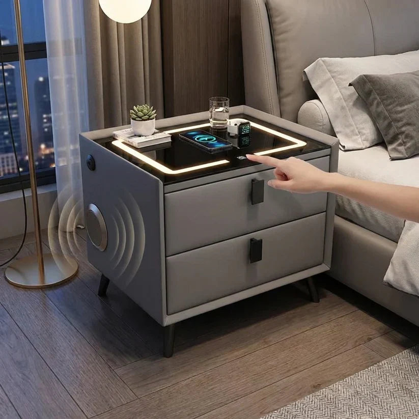 Noptieră Smart Modernă cu 2 Sertare - Încărcare Wireless, Audio Bluetooth & Iluminare LED Ambientală, Gri Antracit