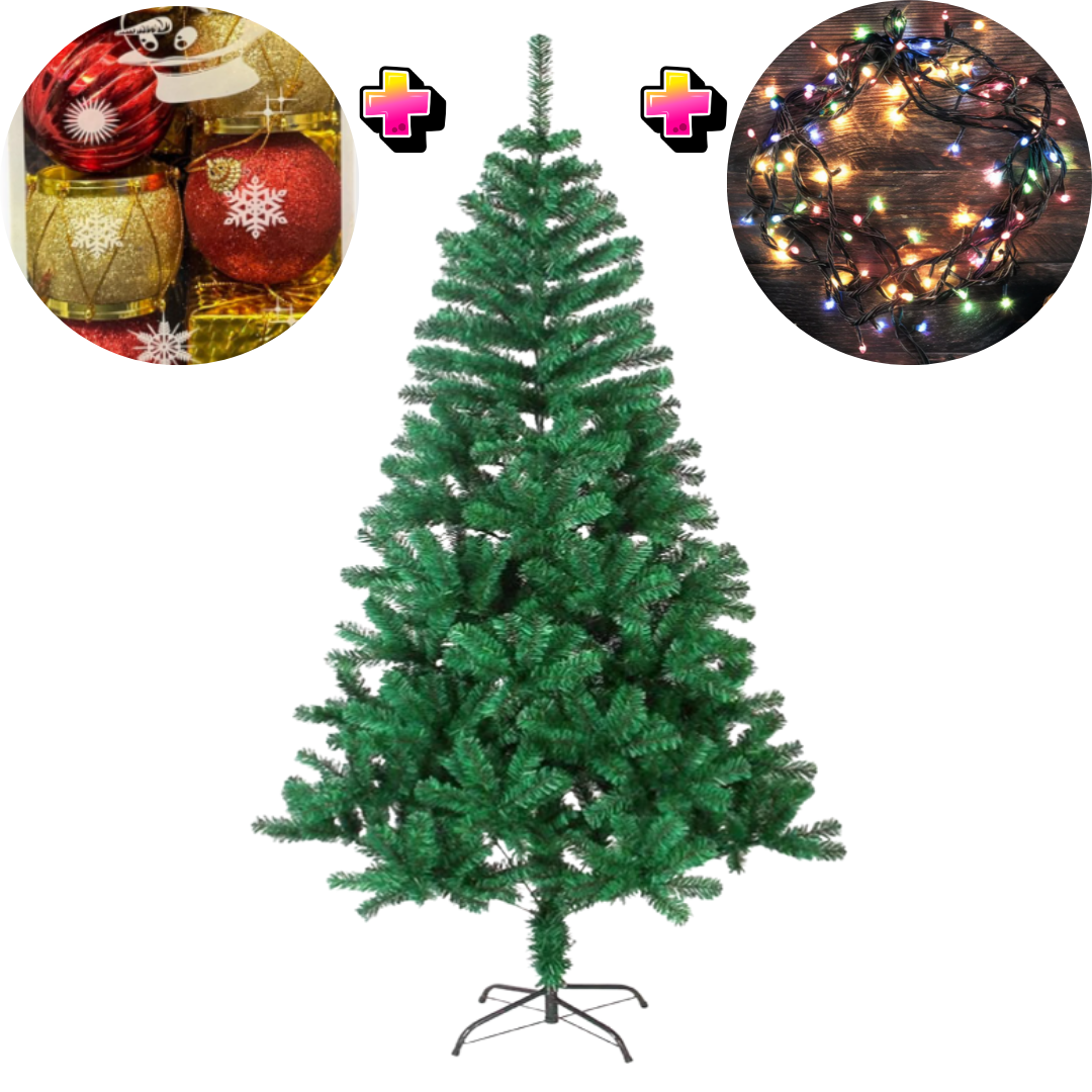 Set Complet de Crăciun: Brad 210 cm + Instalație 200 LED + 32 Globuri Roșii