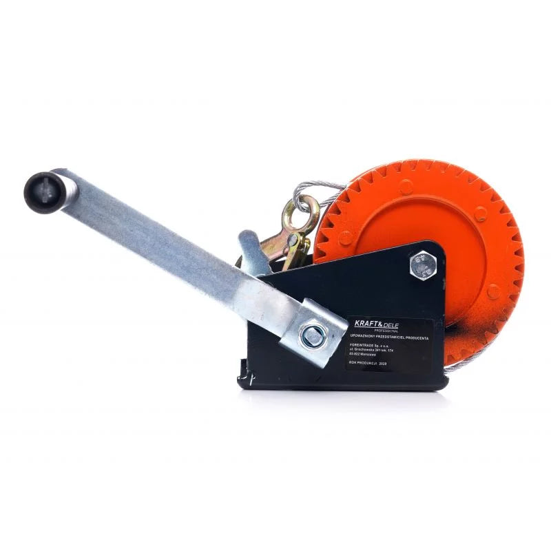 Troliu Manual Puternic 550 KG cu Carlig, Manivela, Reductor Melcat cu Auto-Blocare