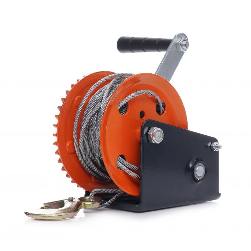 Troliu Manual Puternic 550 KG cu Carlig, Manivela, Reductor Melcat cu Auto-Blocare