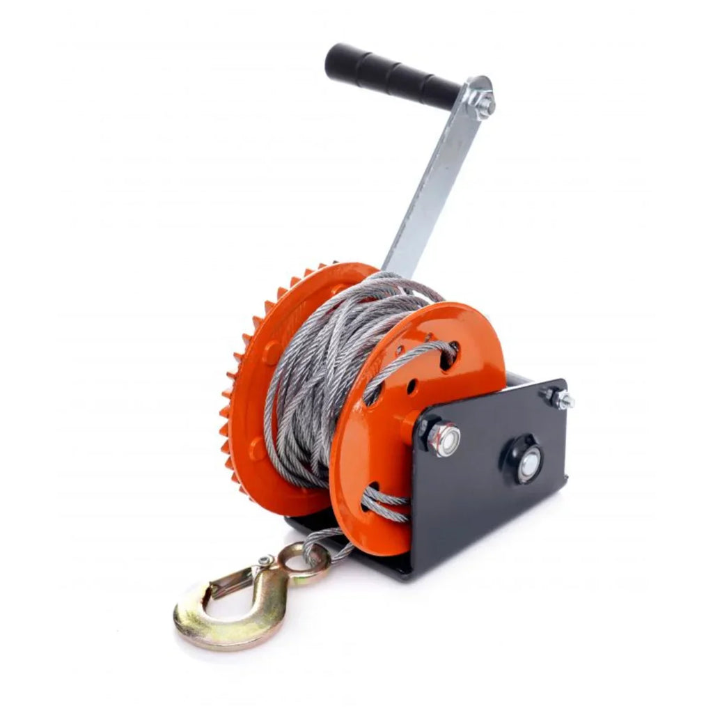 Troliu Manual Puternic 550 KG cu Carlig, Manivela, Reductor Melcat cu Auto-Blocare