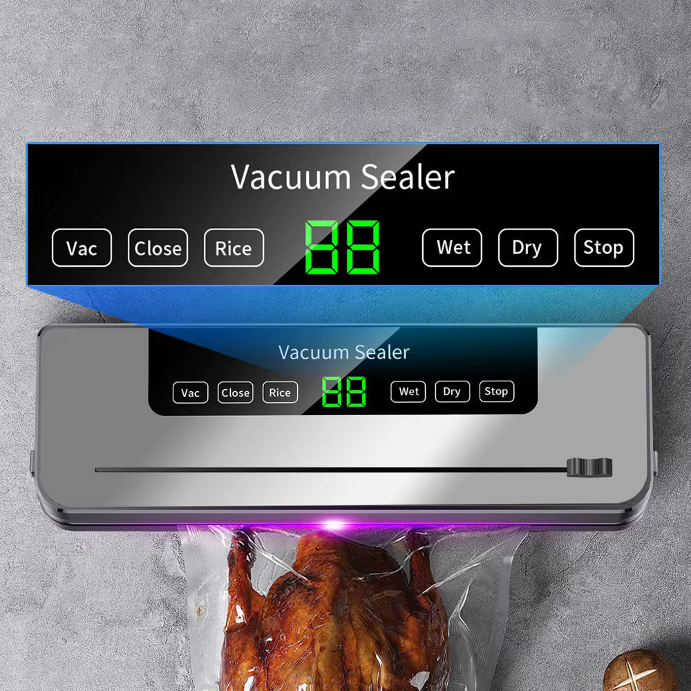 Aparat de Vidat și Sigilat Alimente Profesional, 120W, Sterilizare UV, Cutter Integrat, 6 Moduri de Operare, Include 10 Pungi, Gri Metalic