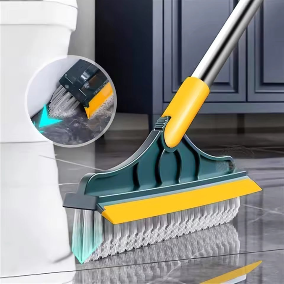 Perie de Curățare 2 în 1 pentru Podele și Rosturi, Mâner Lung din Oțel Inoxidabil, Cap Rotativ 120°, Racletă Integrată, Design în V