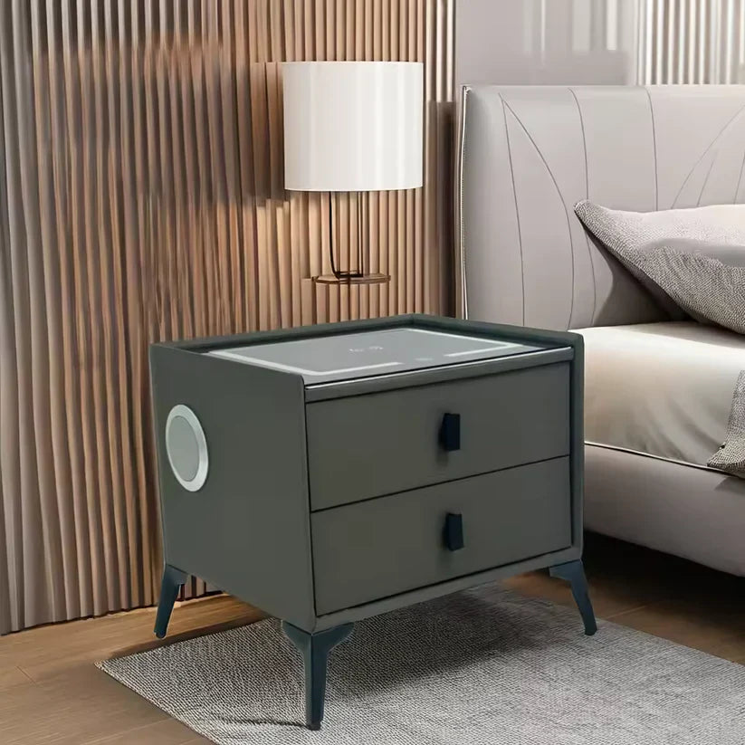 Noptieră Smart Modernă cu 2 Sertare - Încărcare Wireless, Audio Bluetooth & Iluminare LED Ambientală, Gri Antracit