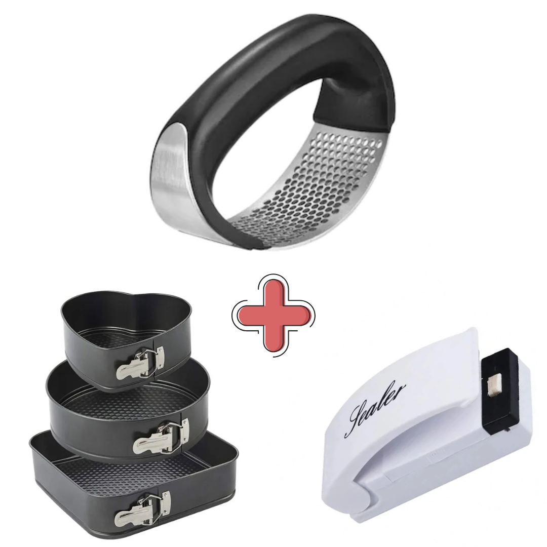 PACHET: Set 3 tavi tort cu forme diferite + Mini aparat de sigilare pungi + Presa usturoi manuala