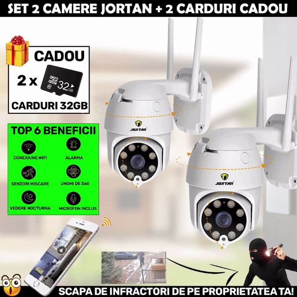LICHIDARE STOC: SET 2 X Camera Smart Color Jortan Surveillance2® Wifi, IP Vizualizare Live Prin Aplicatie, Senzor de Miscare, 64 GB carduri + CADOU SURPRIZA