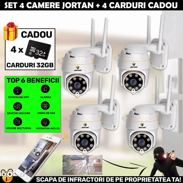 SET 4 X Camera Smart Color Jortan Surveillance4® Wifi, IP Vizualizare Live Prin Aplicatie, Senzor de Miscare + 4 CARDURI DE 64 GB CADOU