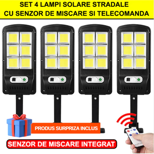Set 4 Lampi Solare ULTRA LED Stradale cu Senzor de Miscare si Telecomanda + Produs Surpriza