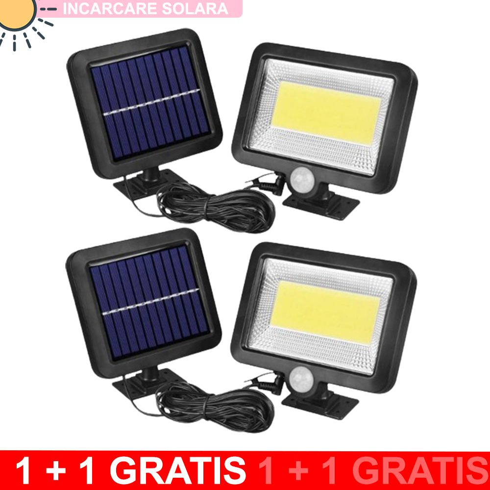 Set 2 Lampi Solare Cu Panou Separat 120W Lumina Puternica, 100 LED COB, Cu Senzor De Miscare si Telecomanda, 1+1 CADOU