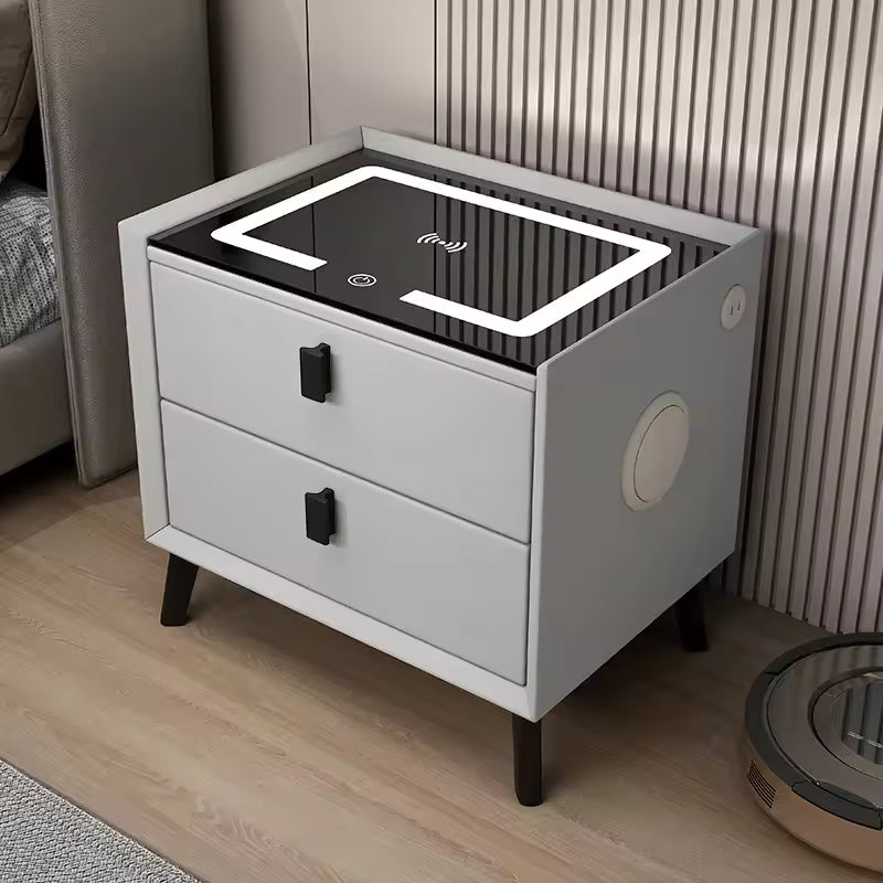 Noptieră Smart Modernă cu 2 Sertare - Încărcare Wireless, Audio Bluetooth & Iluminare LED Ambientală, Gri Antracit