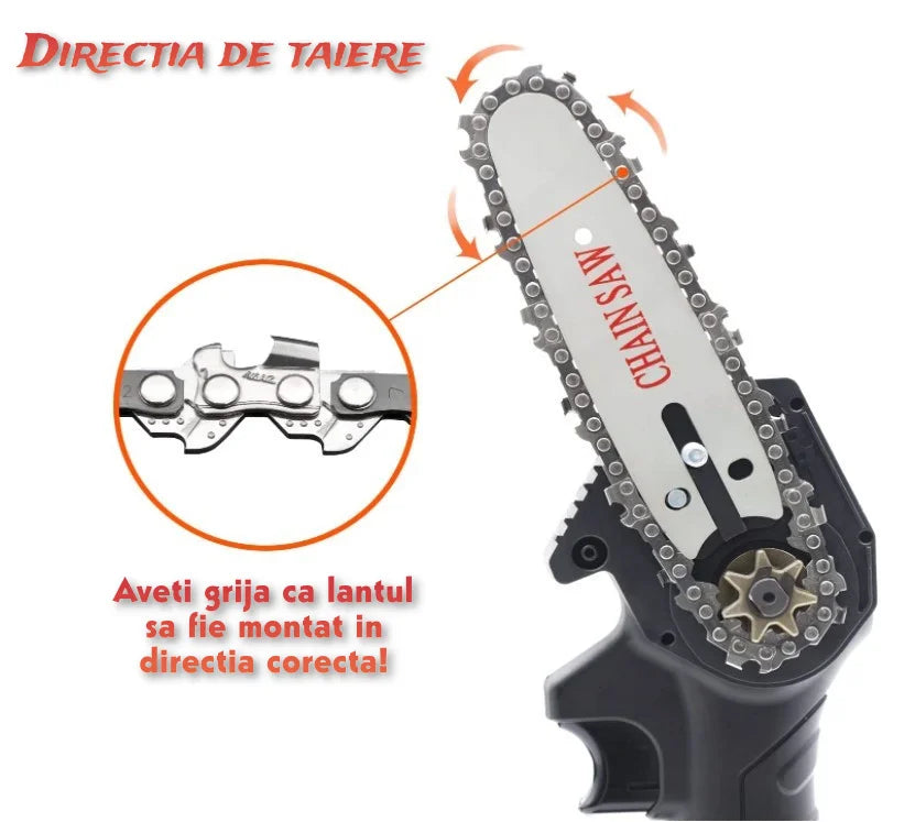 Pachet PROMO: Mini Fierastrau Electric Cu Acumulatori 24V, 2x Baterie + 2x Lant + 2x Lama, 4 Inch + CADOU pila 25cm