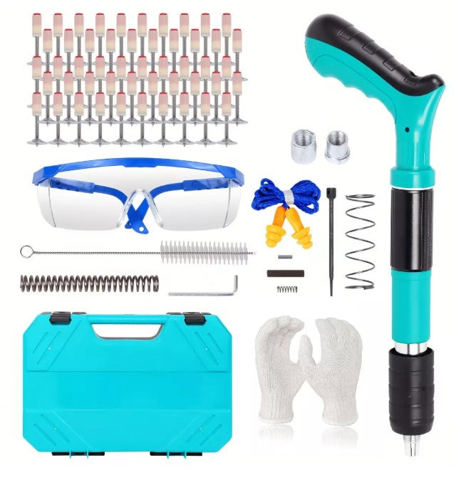 Pistol Pneumatic de Batut Cuie in Beton si Metal, Manual Silentios, Reglaj 3 Trepte Putere, Cu 100 Cuie Rotunde Incluse, Ulei Intretinere, Cutie Transport, Accesorii si Ochelarii Protectie, Fixari Rapide pentru Zidarie, Otel si Instalatii, Vernil