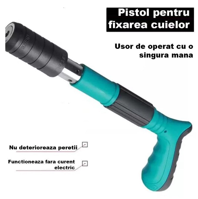 Pistol Pneumatic de Batut Cuie in Beton si Metal, Manual Silentios, Reglaj 3 Trepte Putere, Cu 100 Cuie Rotunde Incluse, Ulei Intretinere, Cutie Transport, Accesorii si Ochelarii Protectie, Fixari Rapide pentru Zidarie, Otel si Instalatii, Vernil
