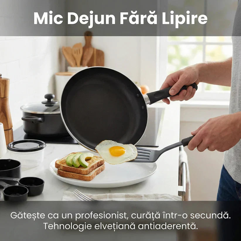 Set Complet Bucătărie 22 Piese Carter & Clay, Vase Gătit Antiaderente ILAG, Tavă Cuptor și Ustensile, Oțel Carbon, Negru