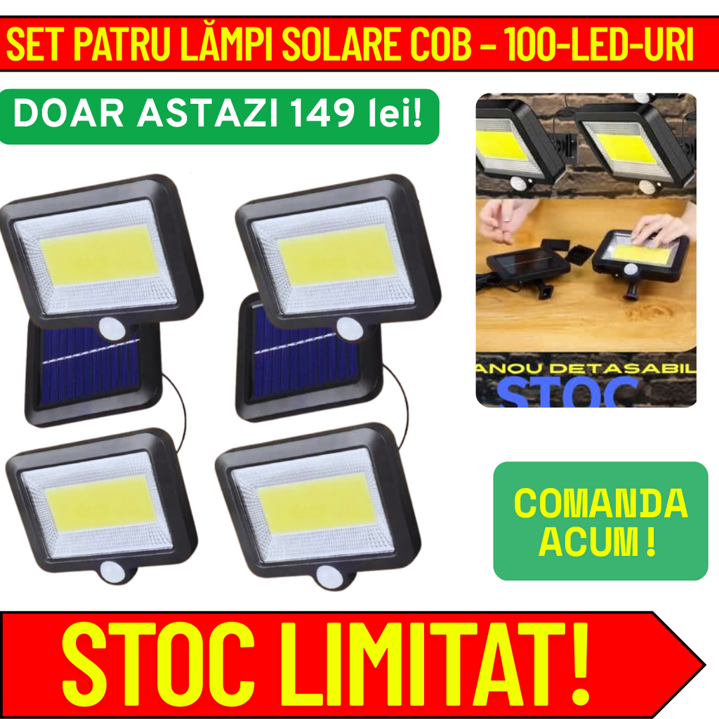 Set 4 x Lampă Solară 100 LED-uri COB – Putere 30W, Panou Detasabil, Dimensiuni 250 x 250 x 100 mm