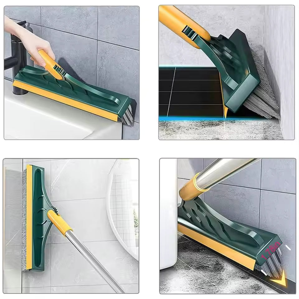 Perie de Curățare 2 în 1 pentru Podele și Rosturi, Mâner Lung din Oțel Inoxidabil, Cap Rotativ 120°, Racletă Integrată, Design în V