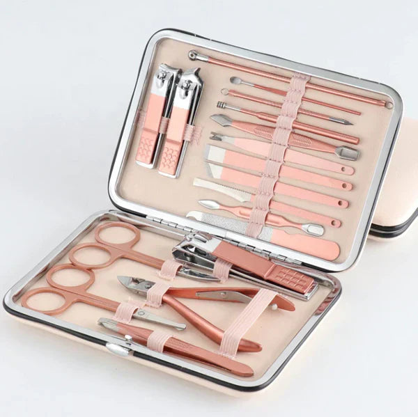 1+1 CADOU: Trusa COMPLETA Mani-Pedi de 18 piese din OTEL Inoxidabil si Accesorii Pentru Ingrijire Faciala incluse in Geanta de Depozitare