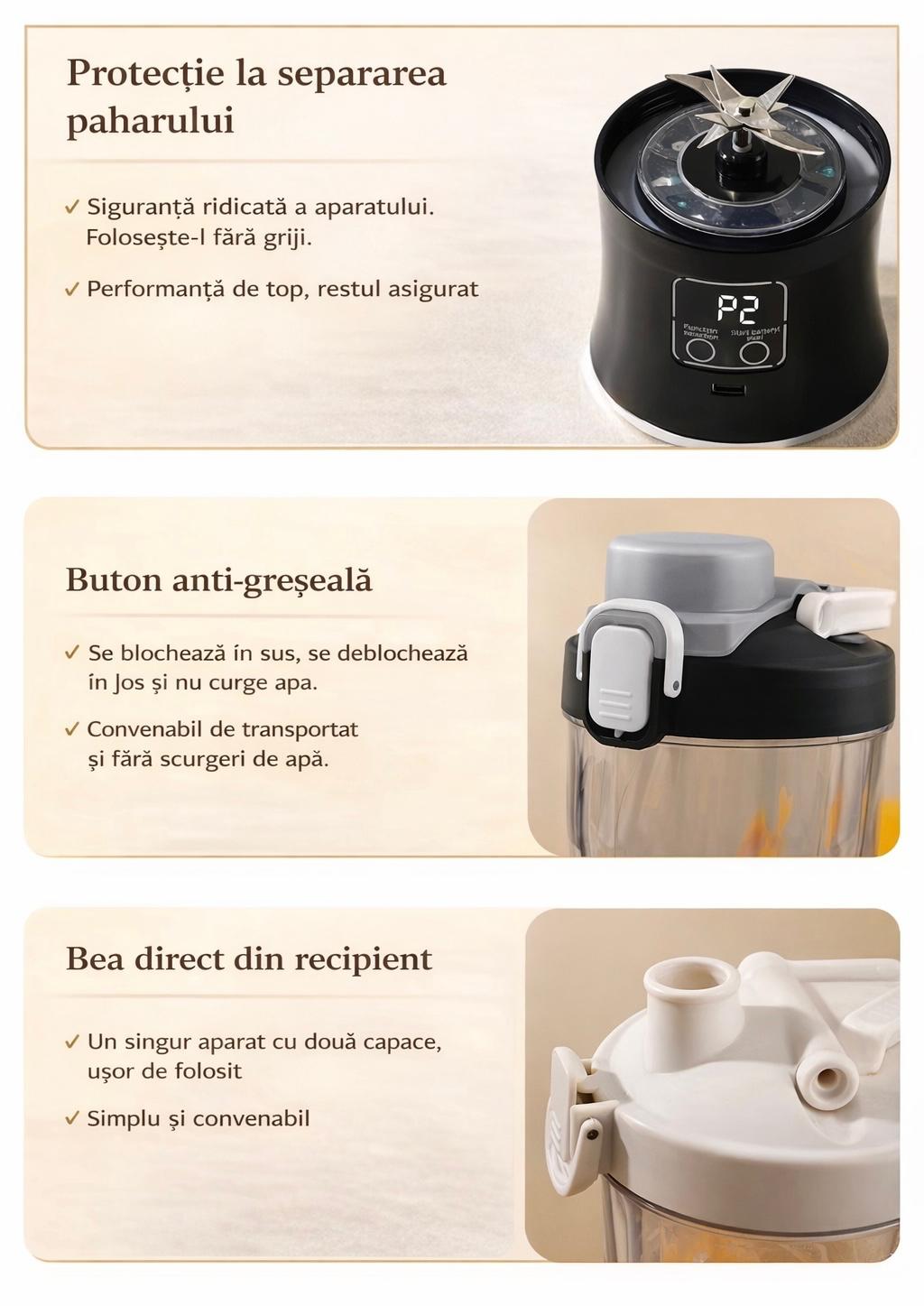 Blender Portabil Profesional cu Lama 10D, Zdrobeste Gheata, 3000mAh, 600ml