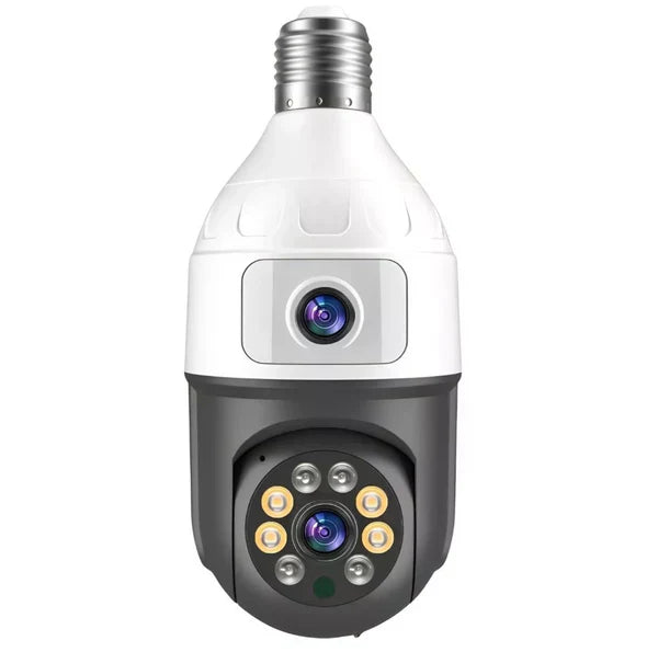 Camera Inteligenta De Supraveghere, cu 2 Lentile, Tip Bec, Conexiune Wifi, Aplicatie Telefon si Microfon Incorporat + Card 32GB Cadou