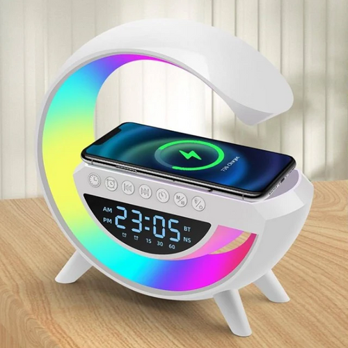 Boxa Portabila cu Iluminare LED, Radio FM, Microfon Incorporat, Ceas Digital, Baterie Reincarcabila, Multicolor, 24x23x8cm