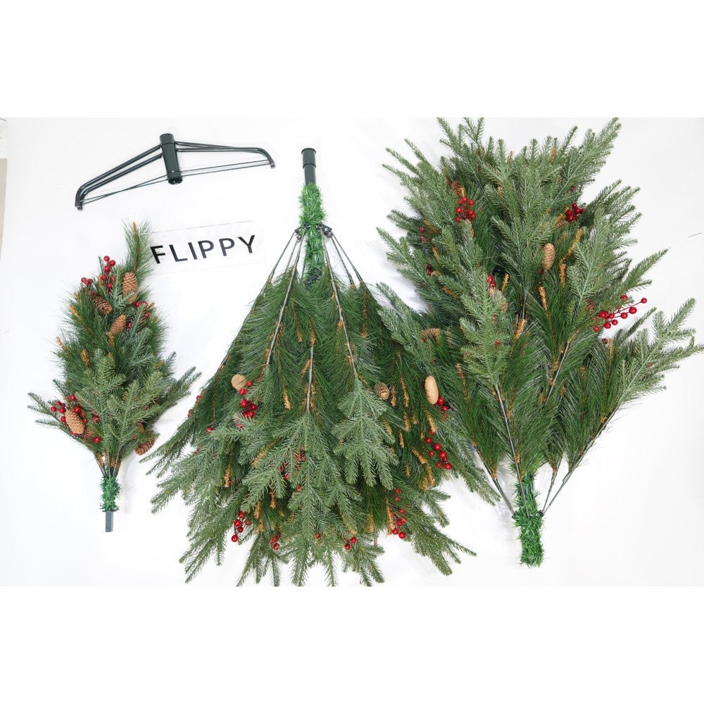 Brad artificial de lux pentru  Craciun, decorat cu conuri pin rosii, pentru interior/exterior, inaltime 210 cm, diametru 142 cm, 767 ramuri,  verde, suport metalic inclus