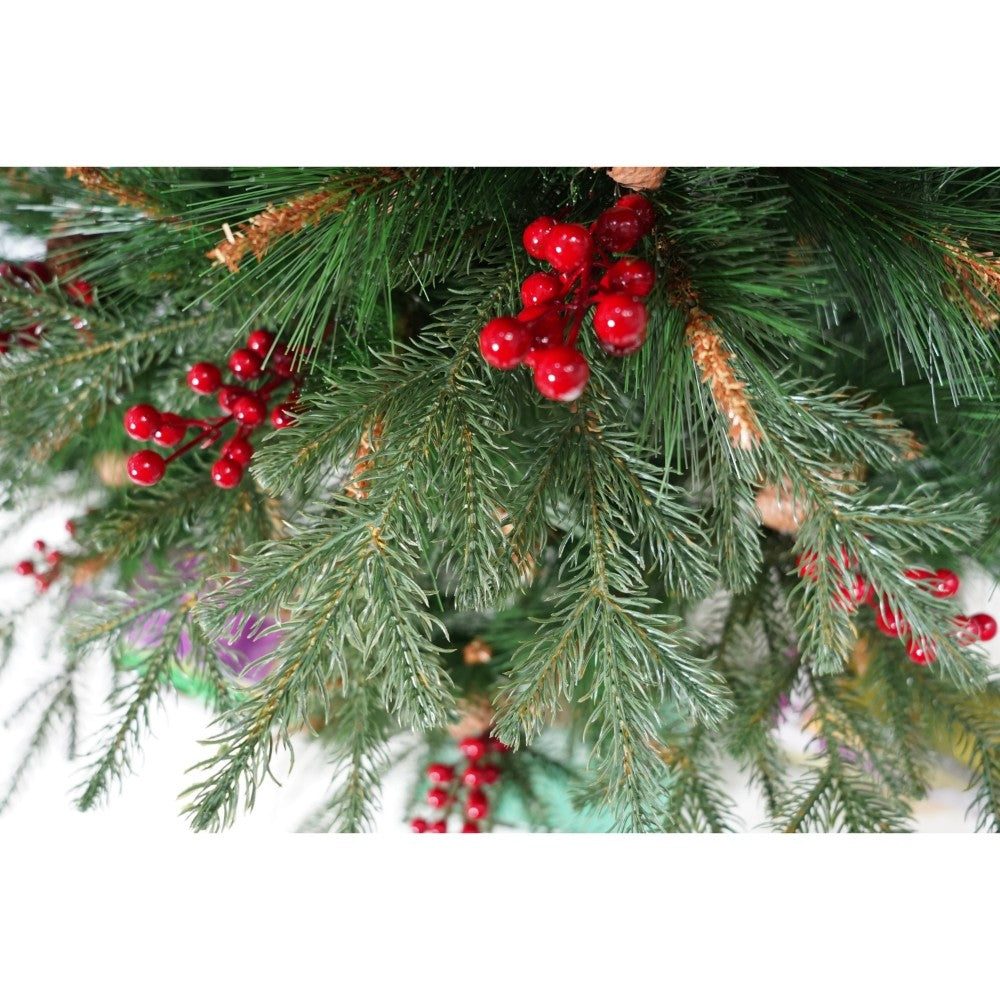 Brad artificial de lux pentru  Craciun, decorat cu conuri pin rosii, pentru interior/exterior, inaltime 210 cm, diametru 142 cm, 767 ramuri,  verde, suport metalic inclus