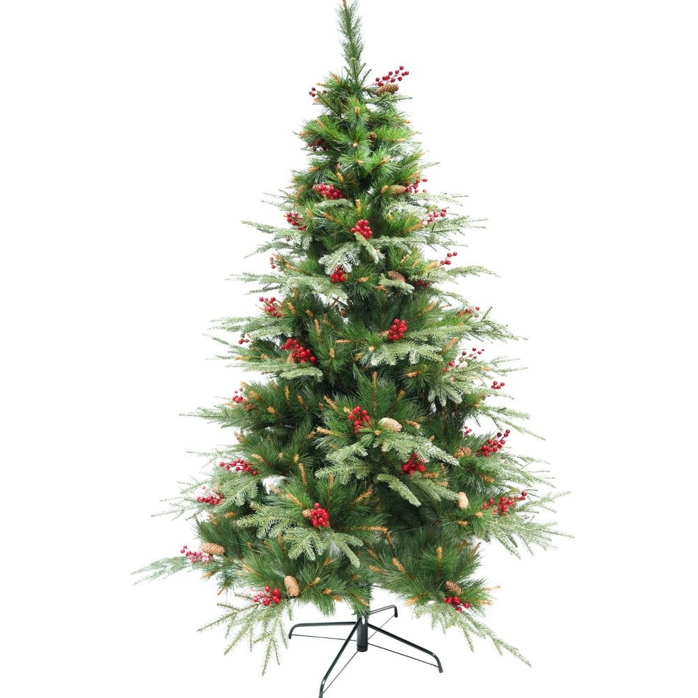 Brad artificial de lux pentru  Craciun, decorat cu conuri pin rosii, pentru interior/exterior, inaltime 210 cm, diametru 142 cm, 767 ramuri,  verde, suport metalic inclus