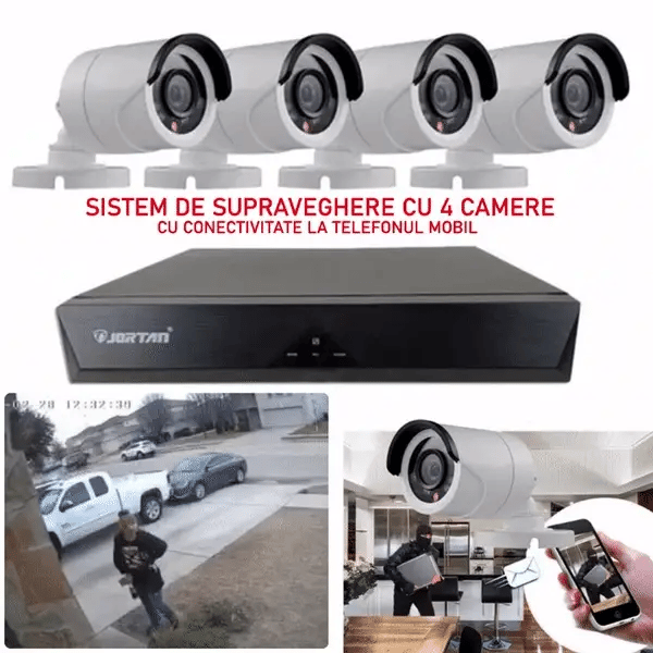 Sistem Supraveghere 4 Camere, Senzor Miscare, 4K Ultra HD, Conexiune PC/Telefon, Interior/Exterior + Hard Disk 500 GB CADOU