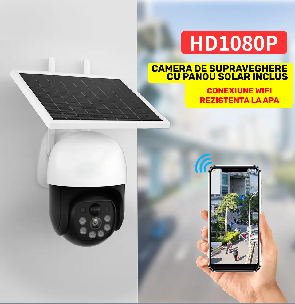 Camera de Supraveghere WiFi, Solara, Pentru Exterior, Vedere de Noapte, Grad Protectie Apa IP66, 2 Antene