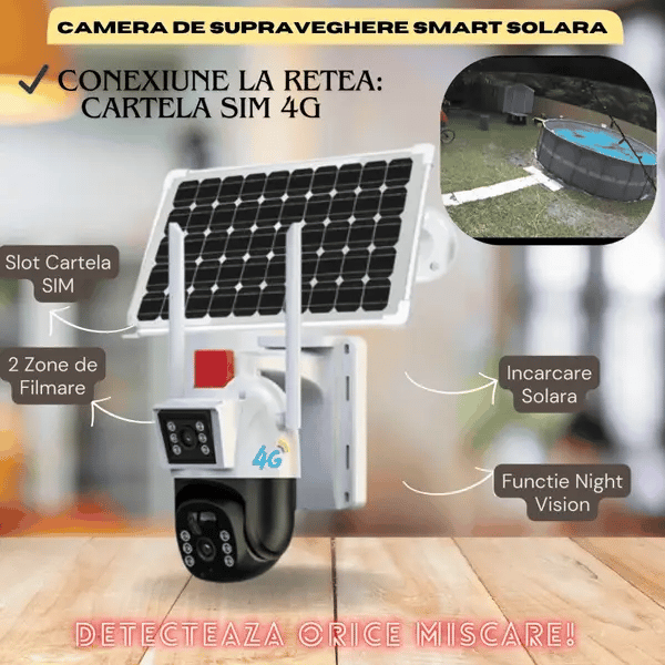 Camera De Supraveghere Smart, Cu Slot Cartela SIM si Incarcare Solara, 2 Zone de Filmare, Senzor De Detectie Miscare, Functie Night Vision