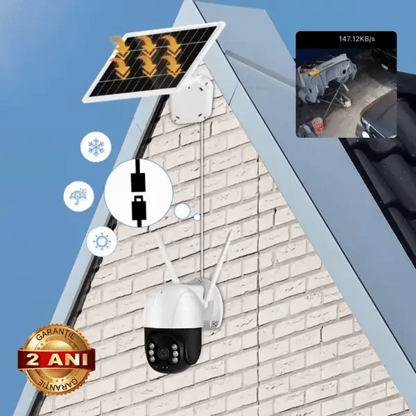 Camera de Supraveghere WiFi, Solara, Pentru Exterior, Vedere de Noapte, Grad Protectie Apa IP66, 2 Antene