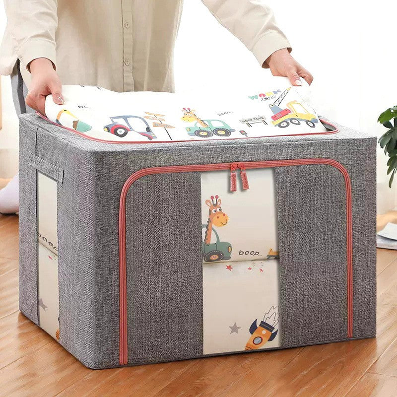 Set 2 x Cutii de depozitare pliabila,  Cu fermoar, 100 L, Textil, 60x42x40 cm, Cadru Metalic, Suport Baza Stabil din Plastic, Gri, Cu doua ferestre