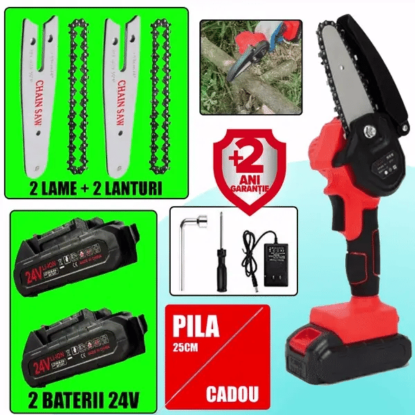 LICHIDARE STOC: Mini Fierastrau Electric Cu Acumulatori 24V, 2x Baterie + 2x Lant + 2x Lama, 4 Inch + CADOU pila 25cm+CADOU Cutie De Depozitare