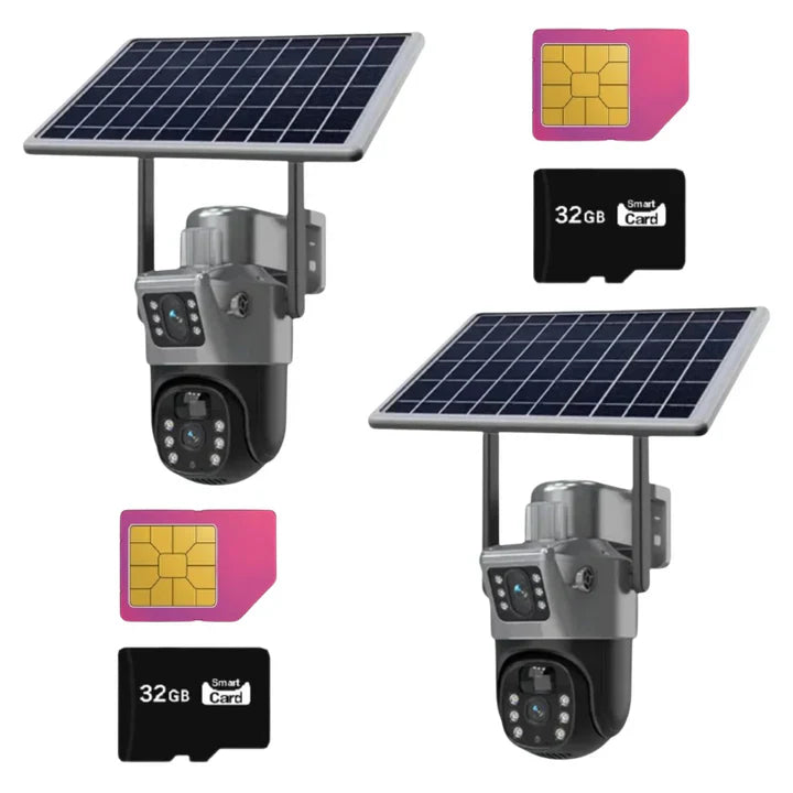 SET 2x Camere Duble 8MP - cu Slot SIM 4G si Panou Solar, Viziune Nocturna, IP66 + 2x Card 32GB