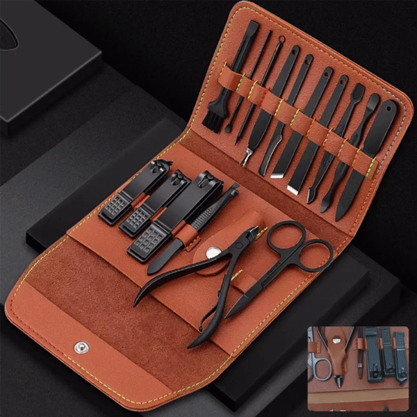 Trusa manichiura/pedichiura ProNail® 16 piese, geanta pentru depozitare, Negru mat, Otel inoxidabil
