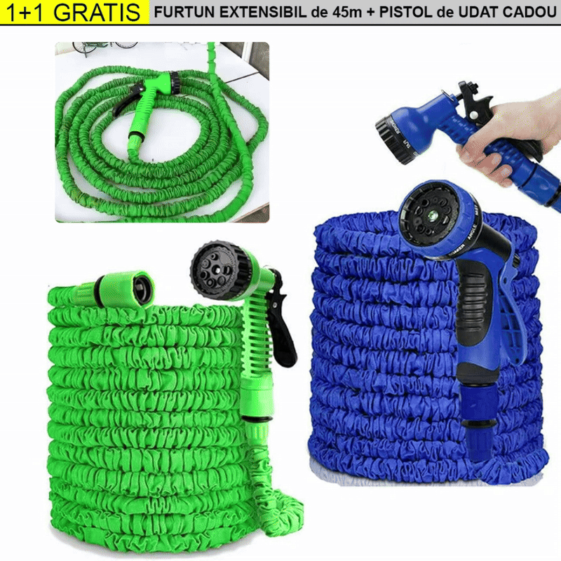 1+1 Cadou: Furtun de Gradina Extensibil 45m + Aparat de Udat Inclus