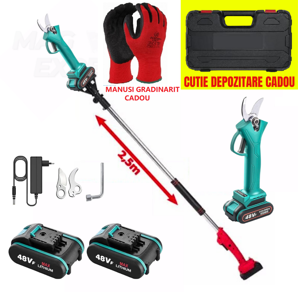 Foarfeca Electrica cu 1/2 Acumulatori 24V, 1.6M Tija Telescopica, pentru vie, pomi si crengi + CUTIE DEPOZITARE SI MANUSI GRADINARIT CADOU