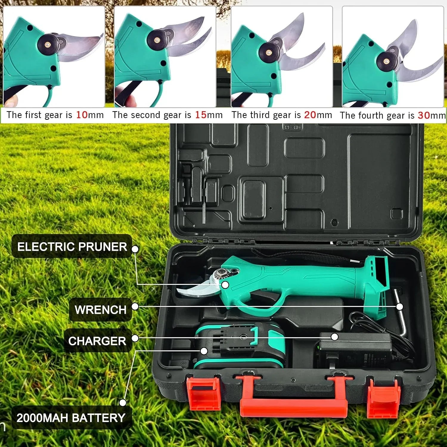 Foarfeca Electrica cu 1/2 Acumulatori 24V, 1.6M Tija Telescopica, pentru vie, pomi si crengi + CUTIE DEPOZITARE SI MANUSI GRADINARIT CADOU