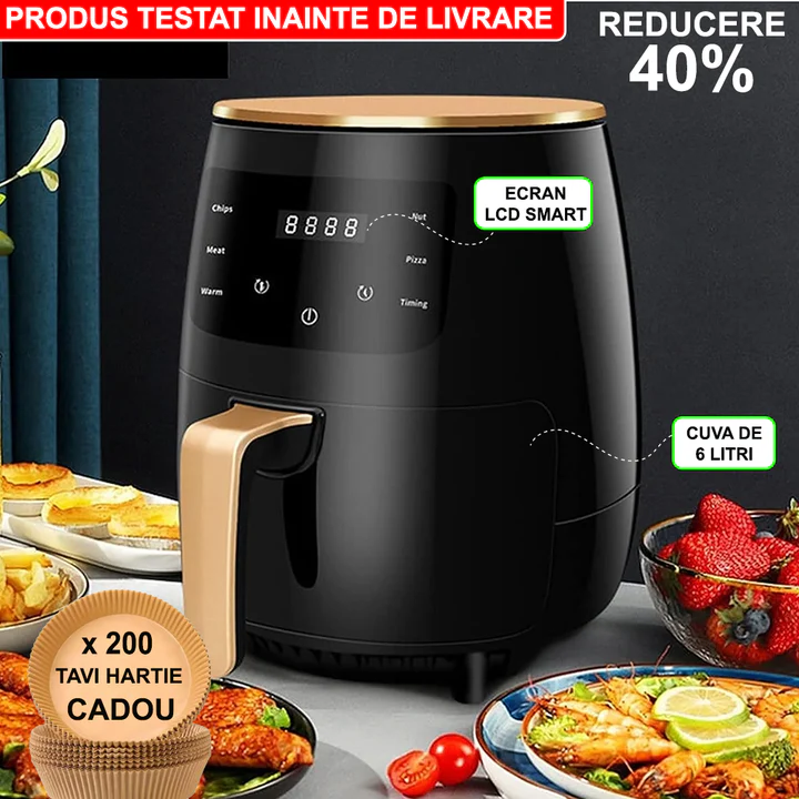 Friteuza Fara Ulei, Cu Aer Cald, Functie de Coacere, Putere 2400 W, Capacitate 6 litri  + 200 x Hartii Copt
